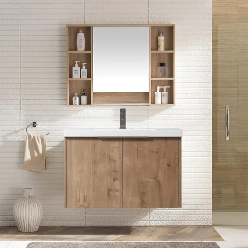 Vista 14 de Juego de tocador de baño de 24 pulgadas con lavabo, juego de armario de baño montado en la pared con lavabo de gel y puerta de gabinete de cierre