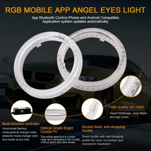 Vista 3 de Qasim 1 par de anillos de halo LED RGB de 80 mm con 30 SMD 3535, ojos de ángel para motocicleta y coche, luz DRL, luz antiniebla, señal de giro