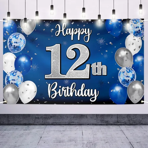 Vista 29 de Decoración de feliz cumpleaños número 100, globo azul y plateado grande cartel de fondo de cumpleaños de 100 años - Suministros para fiesta