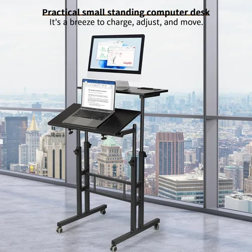Vista 7 de Hadulcet Escritorio móvil de pie con estación de carga, escritorio ajustable para computadora de pie, carrito ajustable para laptop con ruedas