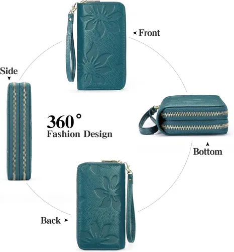 Vista 8 de GOIACII Cartera de mujer de gran capacidad con doble cremallera para mujer, soporte para teléfono con bloqueo RFID, correa de cuero, A02 Verde