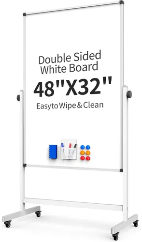 Vista 8 de Pizarra blanca móvil de 40 x 28 pulgadas, pizarra magnética de borrado en seco de doble cara, pizarra blanca ajustable en altura con soporte