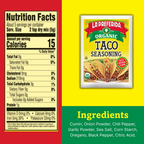 Vista 2 de La Preferida Condimento orgánico para tacos (mezcla de especias mexicanas hecha a mano por el chef) comino, pimentón, ajo – Certificado USDA, sin