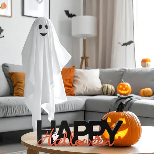 Vista 5 de GHOSTMAGIC Happy Halloween Sign Wooden Table Centerpiece Indoor Decoration 3D Wooden Tabletop Sign with Cute Ghost & Pumpkin for Halloween Decor