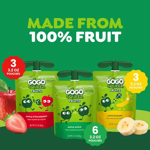 Vista 6 de GoGo squeeZ Puré de manzana y puré de frutas, manzana, fresa y plátano, 3.2 oz (paquete de 12), aperitivos de frutas sin azúcar para niños, sin