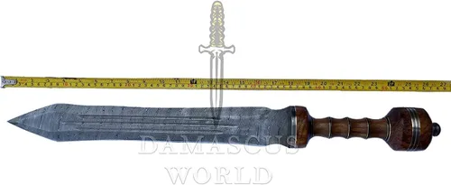 Vista 7 de Espada de Gladius Romana de 26" hecha a mano de acero de Damasco Histórico Imperio Romano Espada de gladiador Mango de palisandro con funda de cuero
