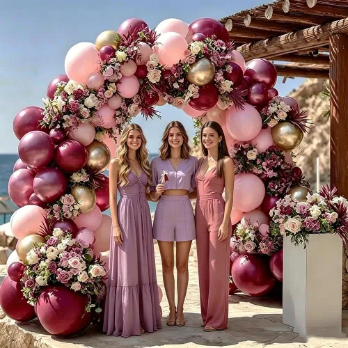 Vista 5 de Guirnalda de globos rosa burdeos doble relleno pastel rosa claro globo dorado Kit de arco de globos de látex color ciruela malva, granate