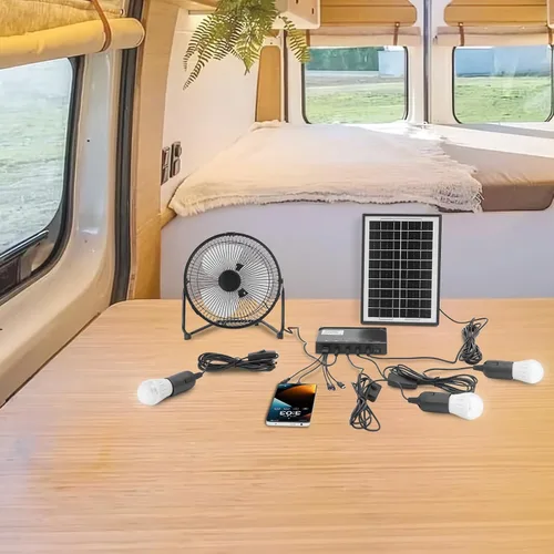 Vista 9 de Ventilador de campamento de energía solar con luces, panel de energía solar, kit de sistema de ventilador solar, ventilador portátil recargable