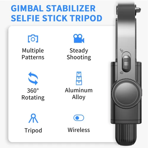 Vista 2 de Estabilizador de cardán para smartphone, con palo selfie retráctil y trípode, control remoto multifunción de 1 eje con rotación automática de 360°