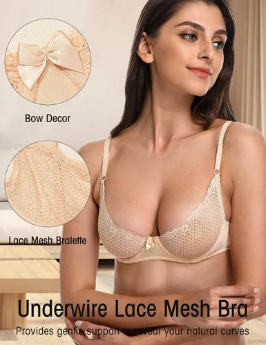 Vista 7 de Wingslove Sujetador de media copa sexy para mujer con encaje, malla con aros, copa balconette, sin forro, transparente, brasier de copa media