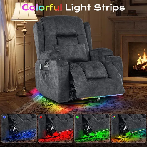 Vista 8 de URRED Silla reclinable giratoria eléctrica con vibración y calor Diseño de motor dual, posiciones infinitas, carga USB, luces LED, portavasos Gris