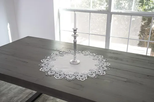 Vista 3 de Tapete de encaje de cola de pavo real de jacquard antiguo, centro de mesa, decoración de mesa (23 pulgadas, redondo)