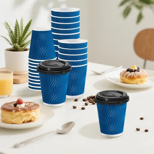 Vista 6 de Clawsoff Paquete de 100 tazas de café con tapas, de 8 onzas, desechables, aisladas, onduladas, para bebidas frías/calientes, oficina, hogar, tienda