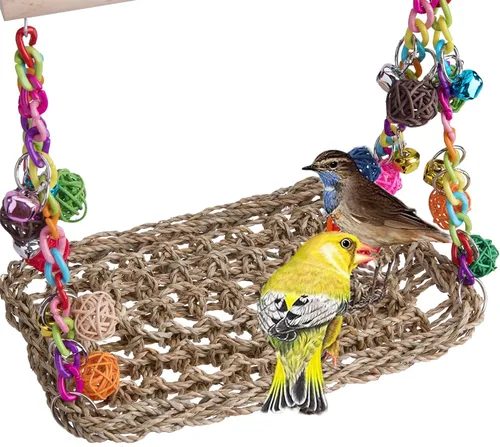 Vista 7 de FrgKbTm Juguetes de columpio para pájaros con perca de madera, plataforma de loro tejida de hierba marina, hamaca colgante para pájaros, soporte