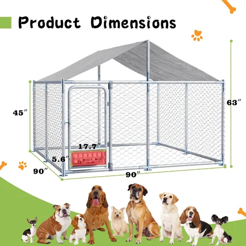 Vista 7 de Grepatio Perrera para perros al aire libre de 7.5 x 7.5 pies con techo, recinto exterior para perros con 2 comederos giratorios, cerca para perros