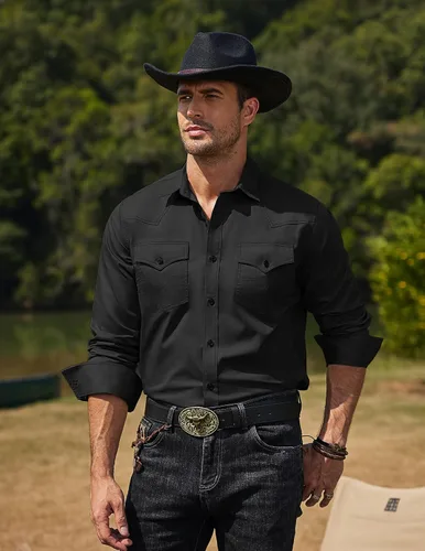 Vista 2 de COOFANDY Camisas vaqueras occidentales de manga larga de algodón con botones y bolsillos para hombre