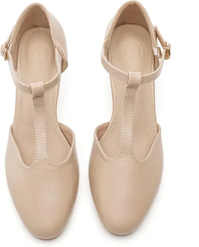Vista 4 de DADAWEN Zapatos de tacón bajo con hebilla en T y punta cerrada para mujer, para fiesta, boda, vestido de novia