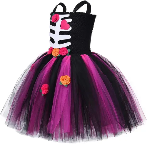 Vista 5 de IBAKOM Scary Halloween Costumes for Kids 2PCS Skeleton Bride Dress Toddler Death Wedding Outfits Day of The Dead Costume