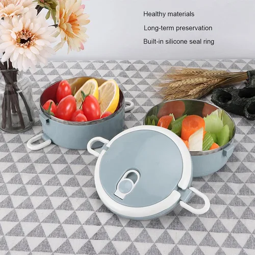 Vista 7 de Fiambrera portátil de acero inoxidable azul con aislamiento térmico para fideos de arroz, contenedor de alimentos, calentador de alimentos portátil
