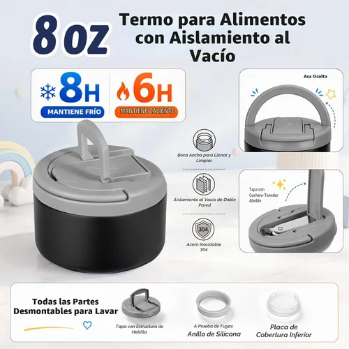 Vista 3 de MAXSO Set de Lonchera Bento para Niños con Termo de Sopa de 8 oz, Envase para Comida Caliente a Prueba de Fugas con 4 Compartimentos, Tarro