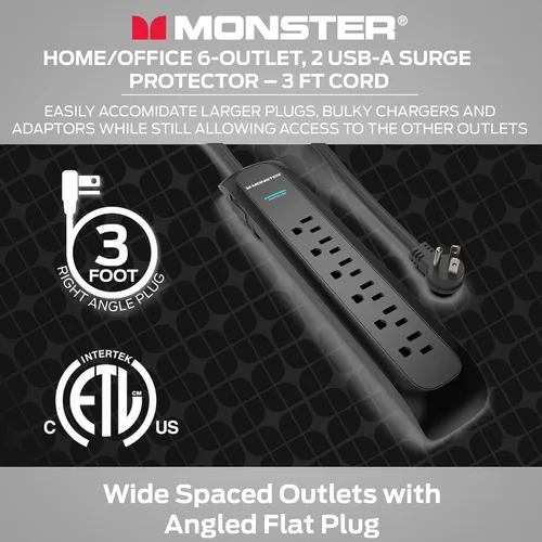 Vista 3 de Monster Regleta negra de 3 pies y protector contra sobretensiones de torre, protección resistente, clasificación de 300 julios y 6 salidas de 120 V