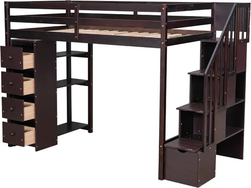 Vista 5 de Quarte Cama tipo loft única con cajones de almacenamiento y escaleras, cama alta de madera tamaño individual con estantes y barandillas, para niños