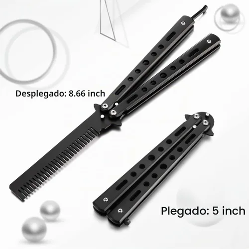 Vista 2 de Boao - Peine de acero inoxidable plegable (2 unidades), color negro, plateado Balisong Practice Tool for Hair Styling, Portable Pocket Design