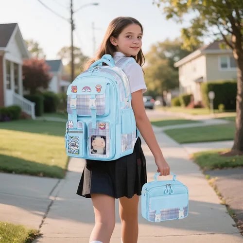 Vista 6 de Mochila escolar para niñas con lonchera, 5 unidades, linda mochila Kawaii para niños y adolescentes, mochila estética primaria, Azul, Bolsa