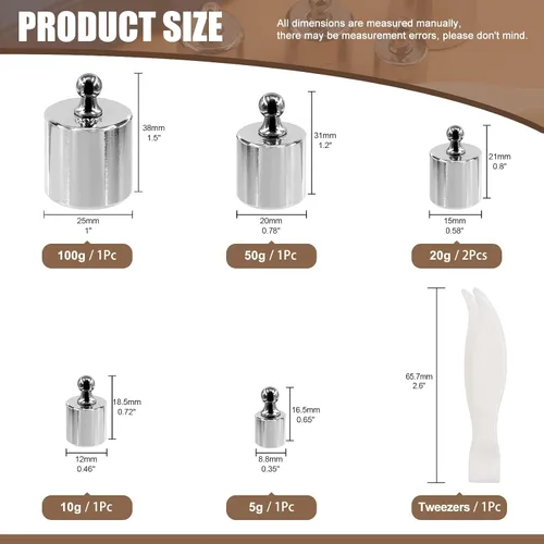 Vista 2 de 7 unidades, 5 tamaños, 0.18 oz, 0.35 oz, 0.71 oz, 1.76 oz, 3.53 oz, kit de pesas de calibración de acero de precisión, kit de pesas de prueba