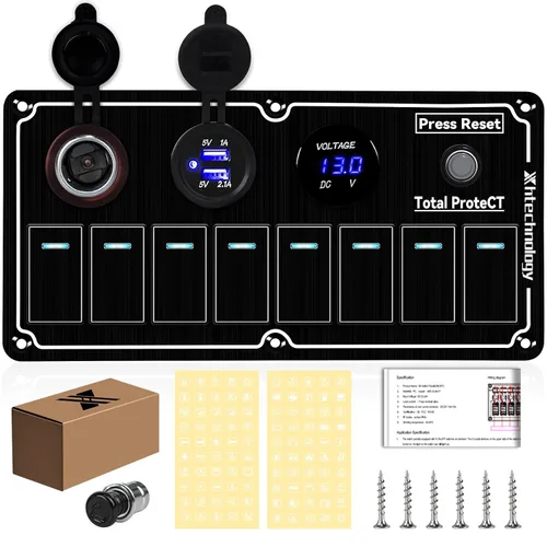 Vista 13 de Panel de interruptores basculantes para lanchas marinas, panel de interruptor de palanca impermeable de 8 bandas con doble USB y panel voltímetro