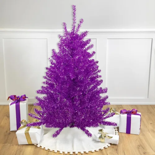 Vista 2 de Northlight Árbol de Navidad artificial de oropel morado metálico de 4.5 pies, sin iluminación