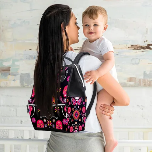 Vista 5 de Sugar Skulls with Flowers Guitar Diaper Bag Backpack Baby Nappy Changing Bags Multi Function Large Capacity Travel Bag