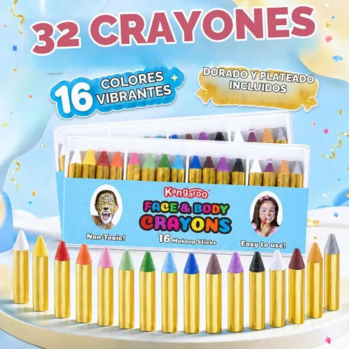 Vista 3 de Kangaroo 32 Washable Face Painting Kit for Kids, 16 Colors (2 Each)
