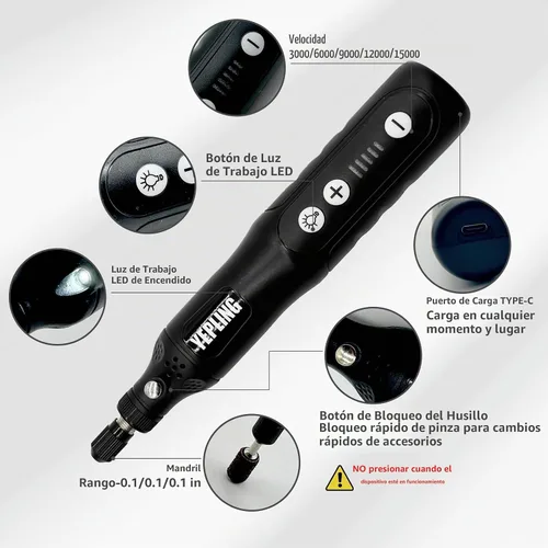 Vista 2 de Herramienta giratoria inalámbrica, kit de mini amoladora eléctrica de iones de litio de 3.7 V con luz de trabajo LED frontal, 5 velocidades