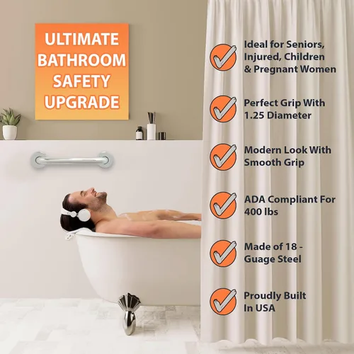 Vista 3 de Mango de ducha de 12 pulgadas, agarre suave, barras de agarre de acero inoxidable 304 para bañeras y duchas, barandillas estándar ADA de cromo