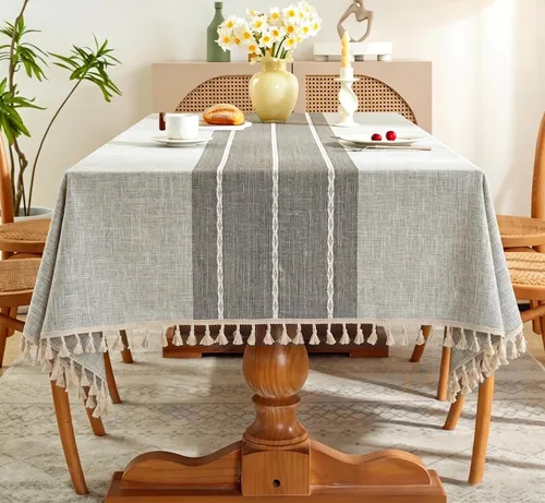 Vista 7 de Pahajim Mantel Rectangular a Rayas con Borlas Mantel Grueso de Lino y Algodón para Picnic al Aire Libre, Comedor y Decoración de Cocina para Fiestas