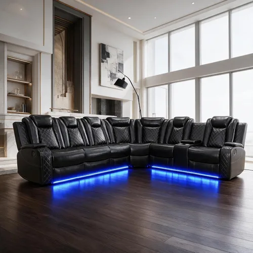 Vista 8 de FUOROLA Juego de sofá reclinable eléctrico con LED, sofá seccional reclinable de cuero transpirable para cine en casa con soporte para tazas Negro
