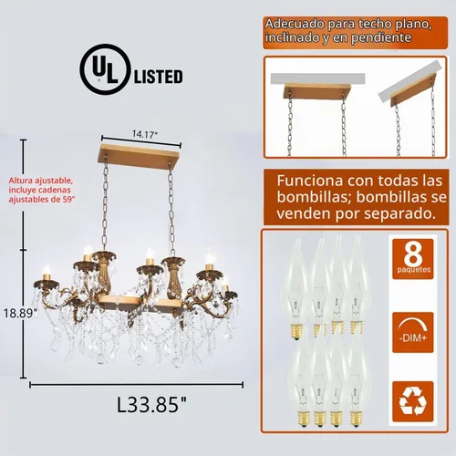 Vista 4 de Candelabros de Cristal Contemporáneos Lámpara Colgante de Isla 8 Luces Colgante de Vela Rectangular Lámpara de Techo para Comedor, Sala de Estar
