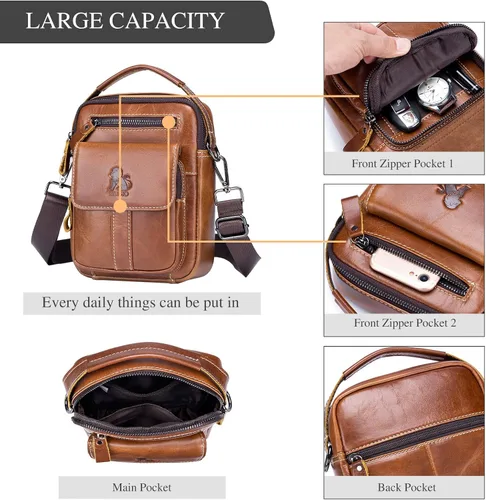 Vista 3 de BAIGIO Bolso de hombro de cuero para hombre, bolsa de mensajero, bolso cruzado, bolso para hombre, bolso tipo bandolera para viajes de negocios