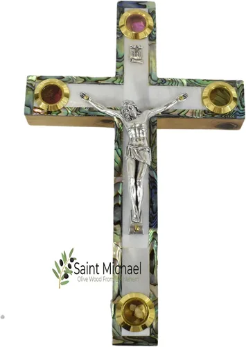 Vista 2 de Crucifijo de pared de cruz de madera de olivo cubierto con nácar con 4 reliquias sagradas, cruz de perla, crucifijo colgante de pared hecho