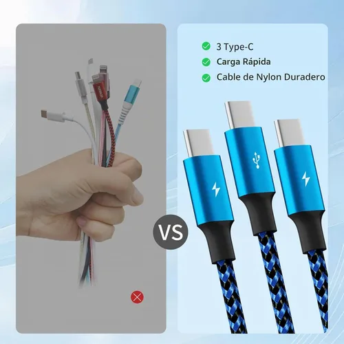 Vista 3 de Cable Divisor USB C Cable de Carga Múltiple, Cable Divisor USB C de Nylon, Cable Cargador Múltiple con 3 Tipo C Compatible con iPhone 16/15 Series
