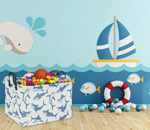 Vista 2 de Cesta rectangular de tiburón para niños, cesta de almacenamiento para bebés, lindo organizador de juguetes para niños, cesta para estante, libro