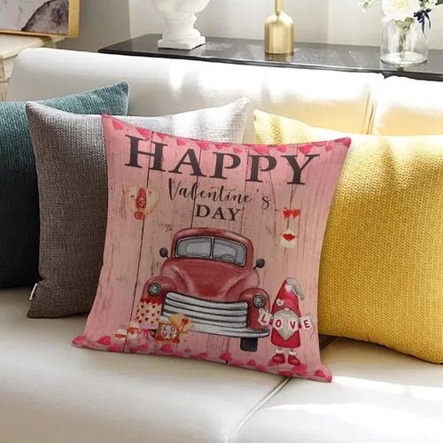Vista 6 de Love Heart Throw Cushion Cover Case Happy Valentine's Day Red Pink Hearts Truck Gnomes Decorative Pillow Cover Linen Square Zipped Pillow Case for
