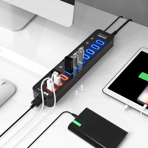 Vista 7 de Hub USB 3.0 alimentado, concentrador de datos USB 3.0 11 puertos, 7 puertos de datos USB 3.0 + 4 puertos de carga inteligente con interruptores