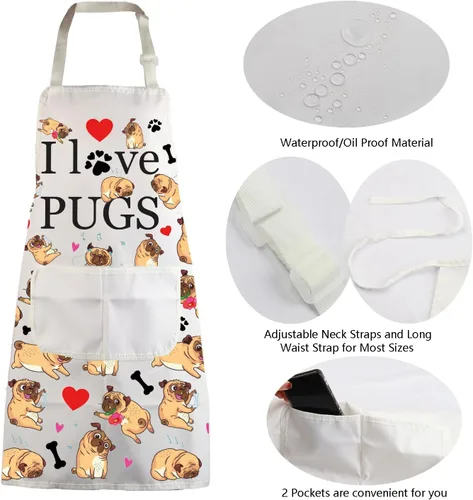 Vista 5 de Delantales para perros de pug, regalos para amantes de los pug, delantal de cocina con bolsillos, delantal de cocina I Love Pugs, regalos