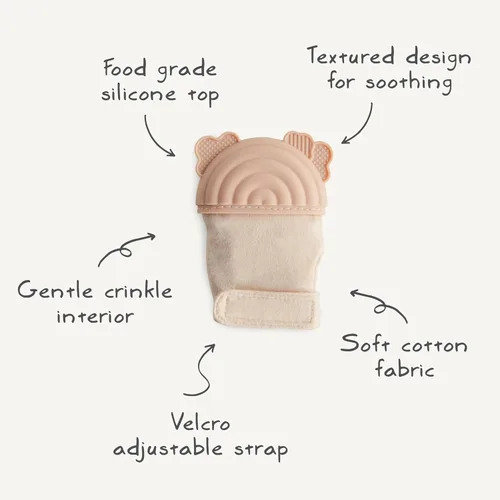 Vista 9 de mushie Manopla de dentición de silicona para bebés de más de 3 meses (arcoíris) Silicona texturizada y tela sensorial con correa ajustable