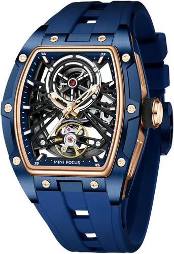 Vista 9 de AIMES Men's Tonneau Skeleton Automatic Mechanical Watch, Silicone Strap, 5ATM Water Resistance Silicone Strap Men's Wristwatch Ideal Gift for Men