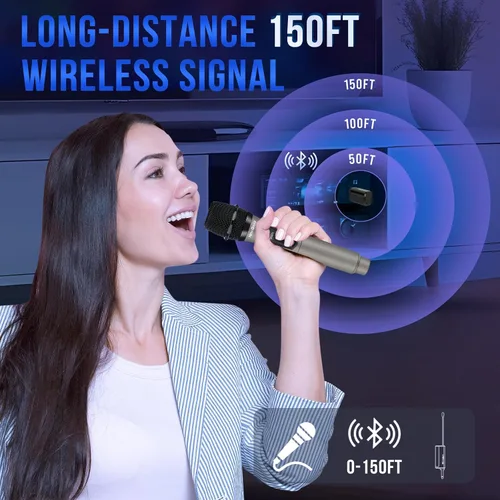 Vista 2 de NEW BAXS Micrófonos inalámbricos, sistema de micrófono dual de karaoke, Microfonos Inalambricos con receptor recargable, juego de micrófono dinámico