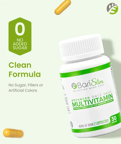 Vista 4 de BariSlim Cápsula multivitamínica bariátrica avanzada una vez al día, 45 mg de hierro, vitamina bariátrica para cirugía post bariátrica, incluyendo