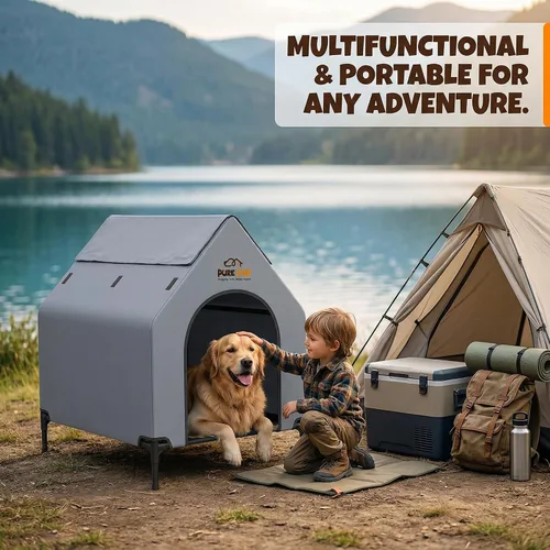 Vista 6 de Casa para perros al aire libre con toldo en el techo, cama elevada con ventanas de malla de 16.1 x 9.4 x 6.7 in/12.6 lbs - Refugio resistente a